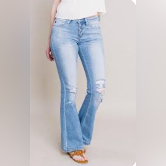 KANCAN Sz 28 Light Wash High Waist Distressed Flare Jeans - Picture 1 of 13